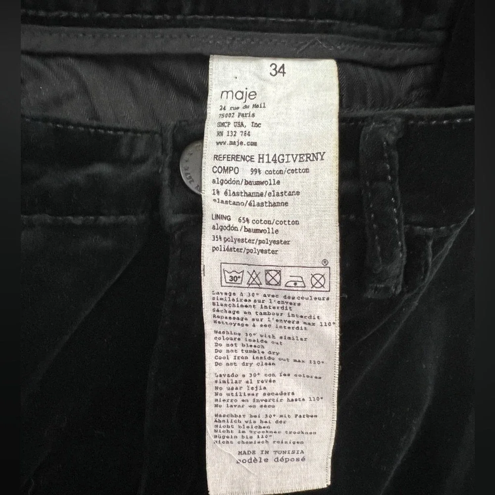 Maje Velvet Black Trousers Pants Jeans 34 XS‎ Grunge Old Money Classic Basic